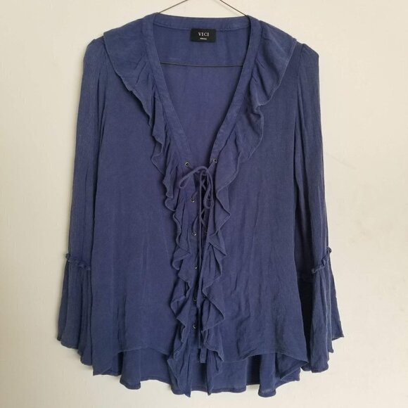 Vici Lace Up Ruffle Oversized Bell Sleeve Blouse S - Picture 3 of 9
